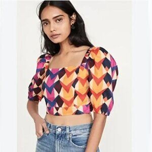 Farm Rio Lindeza Grafica Linen Crop Top In Multi Puff Sleeves